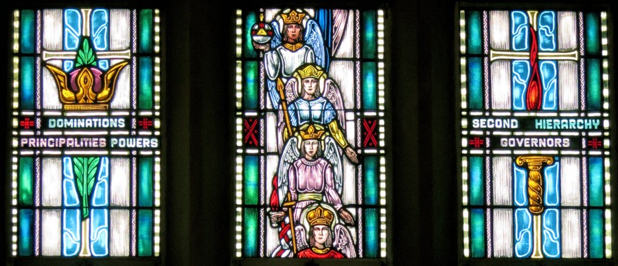 stained glass window of dominations principalities powers