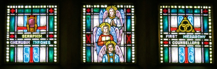 stained glass window of seraphim cherubim thrones